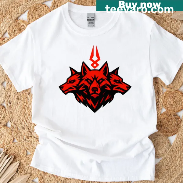 Bold T-shirt featuring a red emblem of Cerberus from Hades game