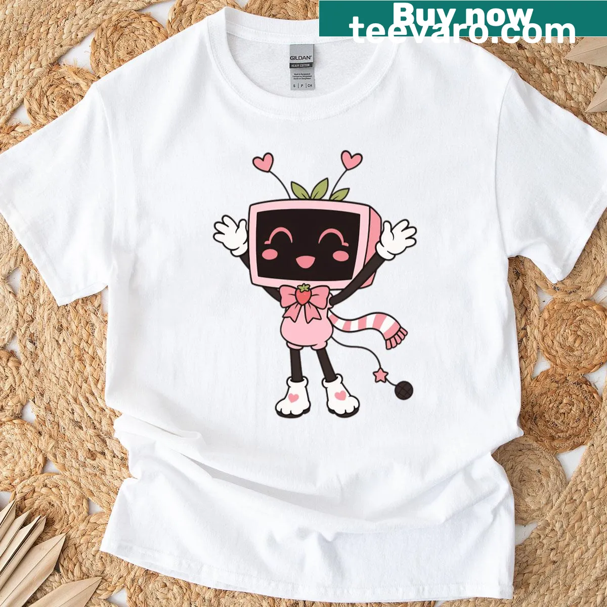 90s retro gaming t-shirt featuring a cute cartoon character design — on a men's t-shirt