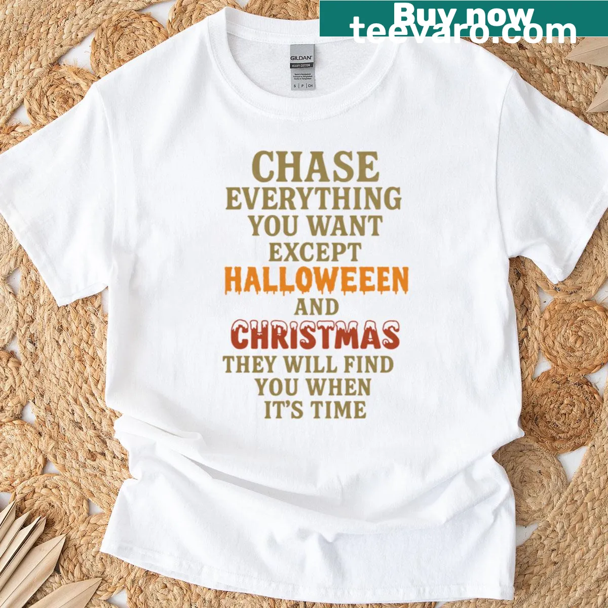 Ironic holiday humor t-shirt with a playful saying about Halloween and Christmas — on a men's t-shirt