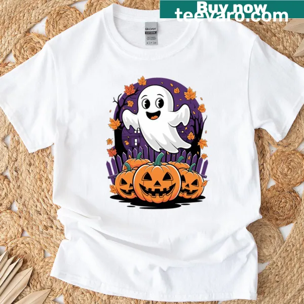 Halloween t-shirt with a cheerful ghost over pumpkins and autumn leaves