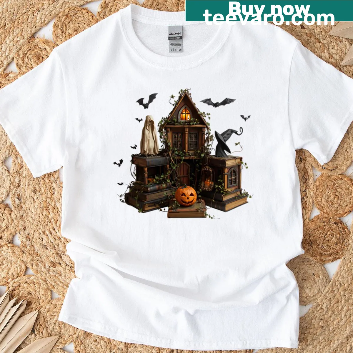 Cute ghost in witch hat with pumpkins and bats on shirt — on a men's t-shirt