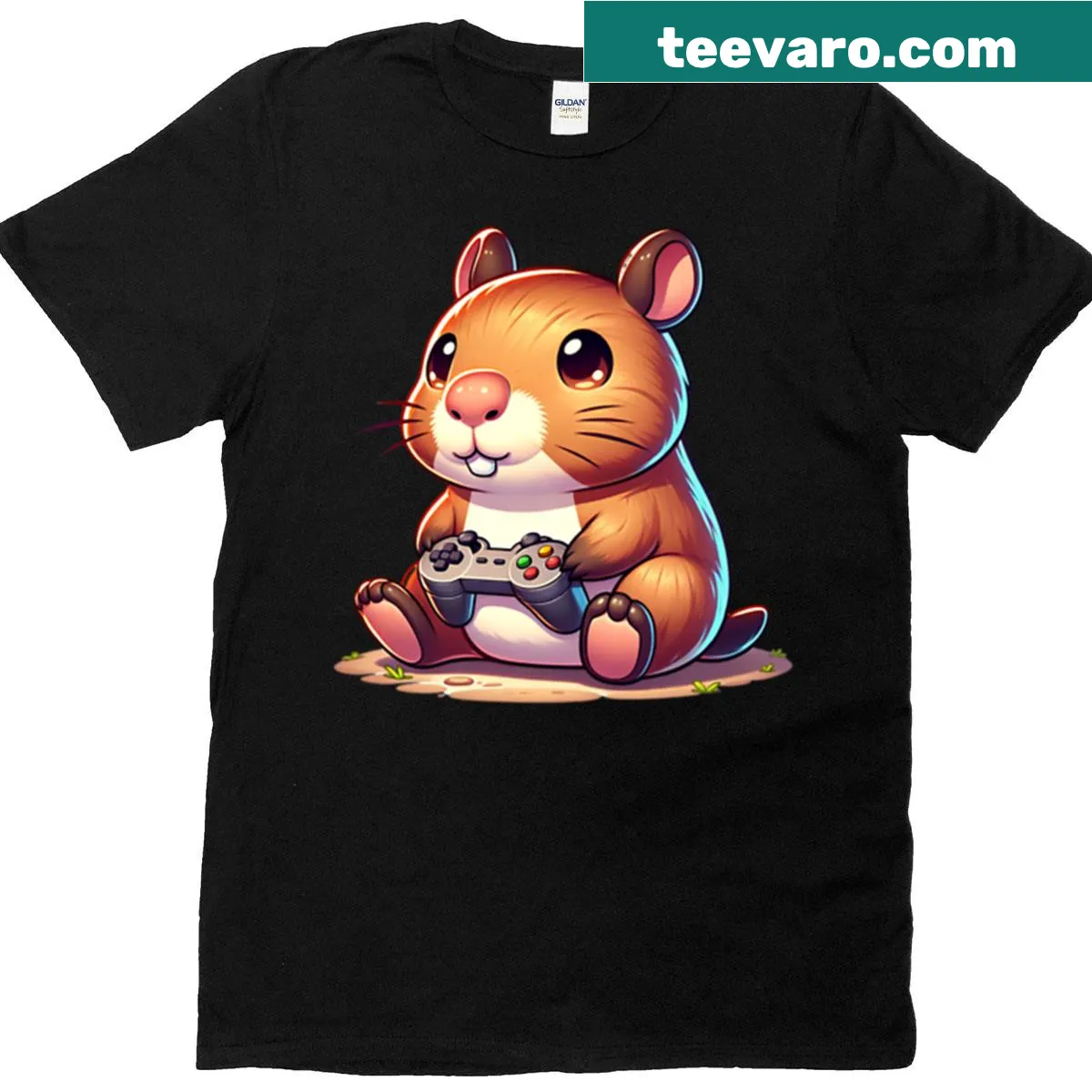 Cute chibi hamster illustration with a video game controller — on a men's t-shirt