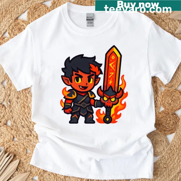 Cute T-shirt featuring Chibi Zagreus with his inferno sword from Hades