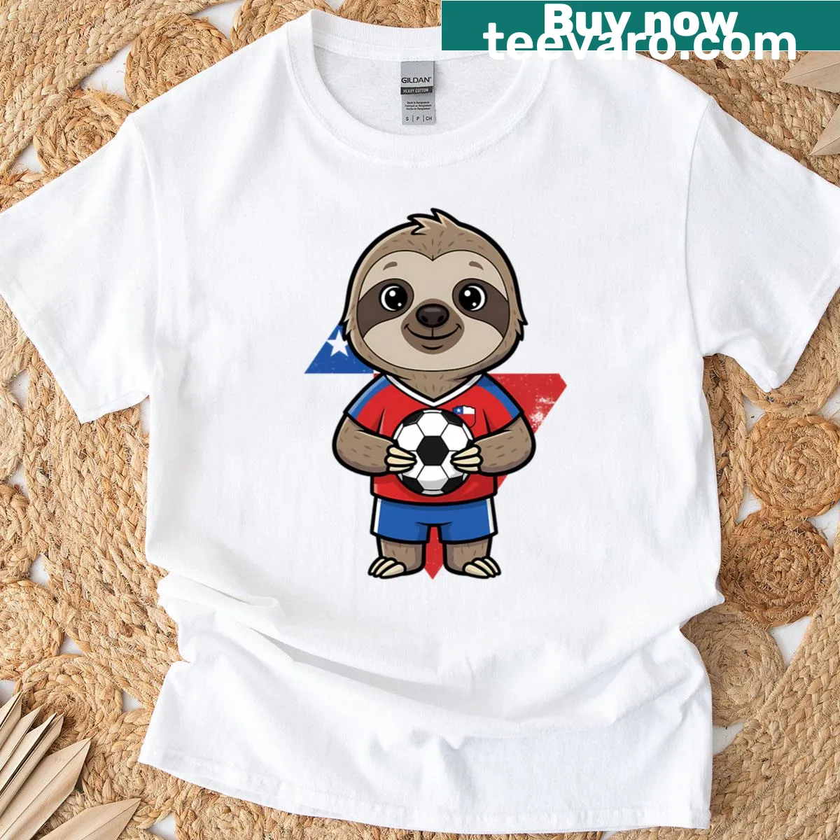 Cute sloth soccer player graphic for kids — on a men's t-shirt