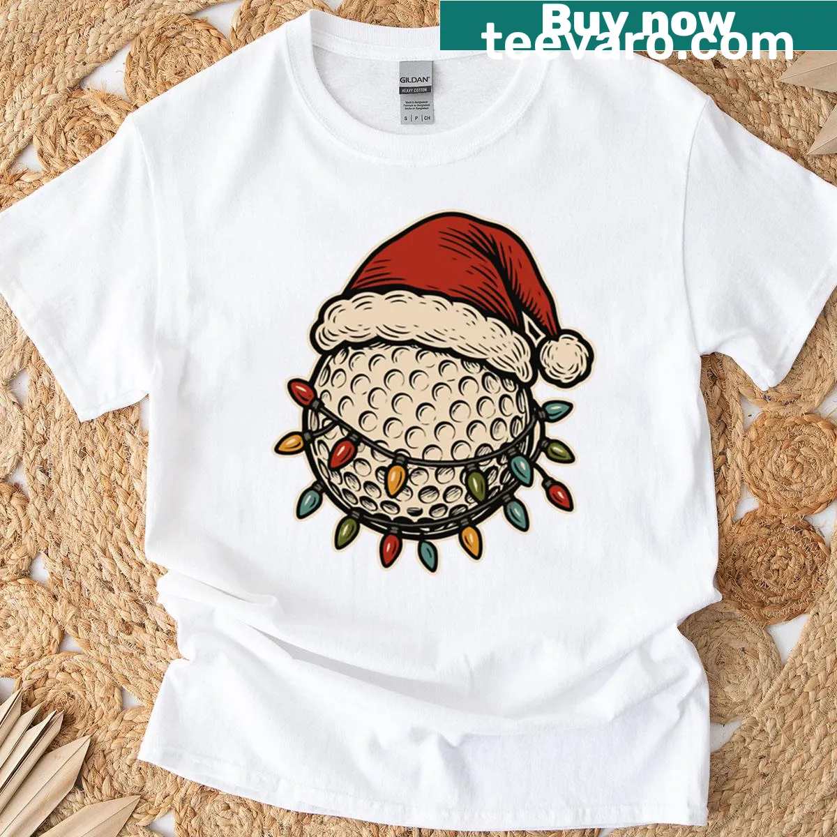 Vintage golf ball with Santa hat and lights design — on a men's t-shirt