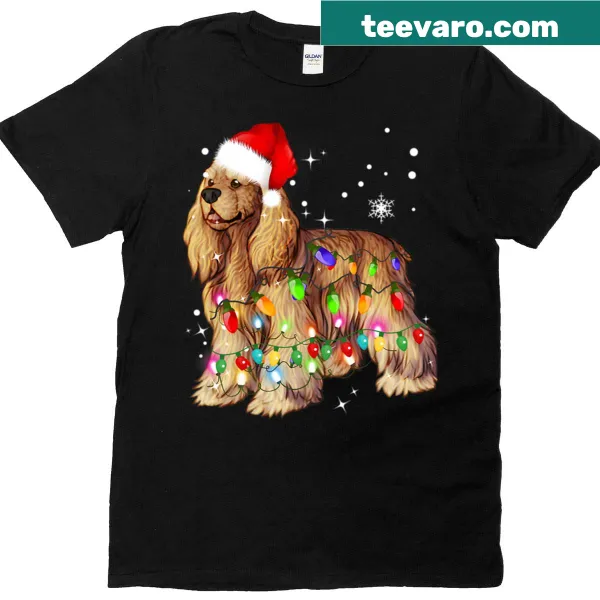 Charming t-shirt featuring cocker spaniels and Christmas lights