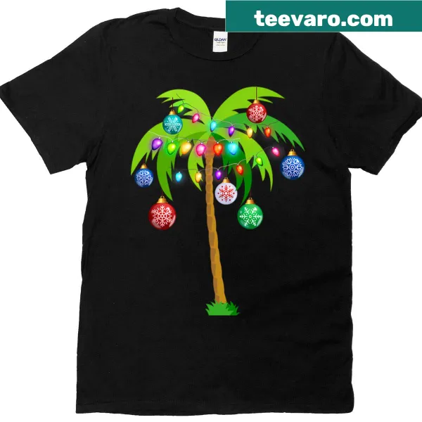Funny Christmas t-shirt featuring palm tree and holiday lights