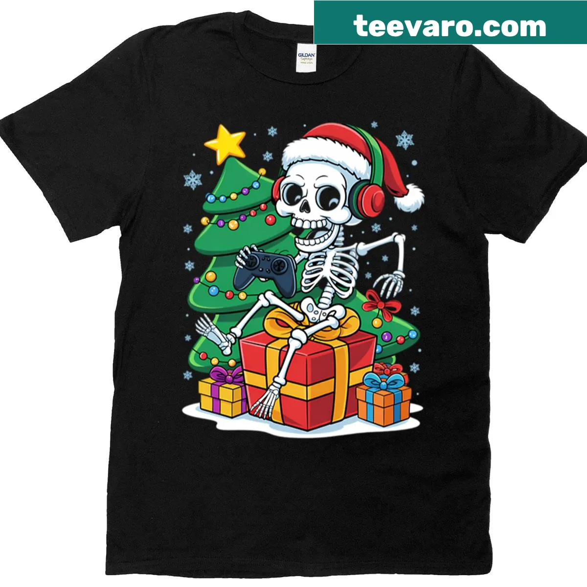 Edgy Christmas t-shirt with a skeleton and gaming theme — on a men's t-shirt