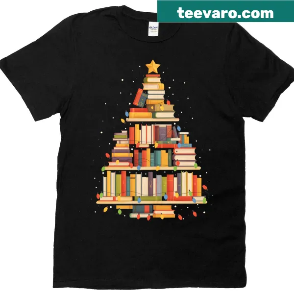Christmas-themed T-shirt featuring a bookshelf and tree design for book lovers