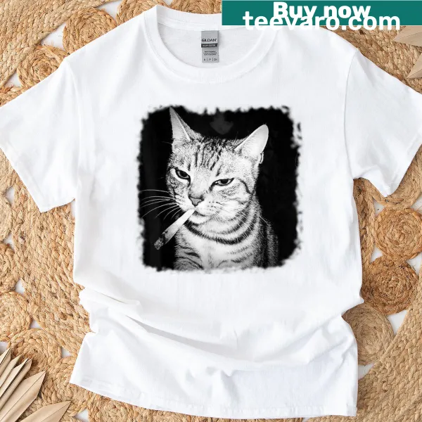 Cartoon kitten with cigarette and text 'Cigarette Cat Gang' on t-shirt