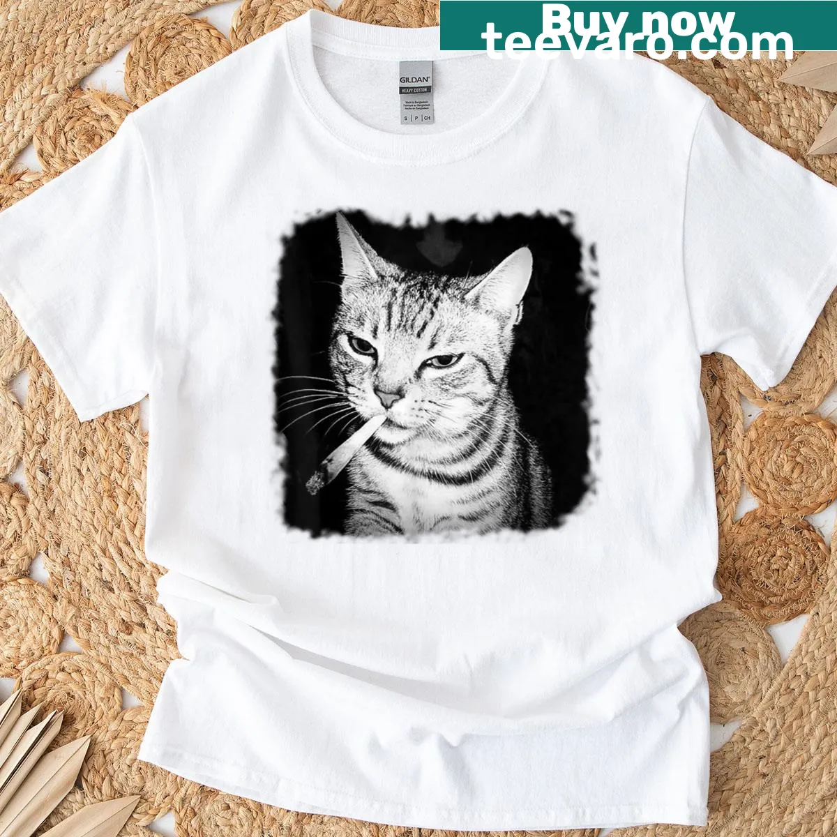 Cartoon kitten with cigarette and text 'Cigarette Cat Gang' on t-shirt — on a men's t-shirt