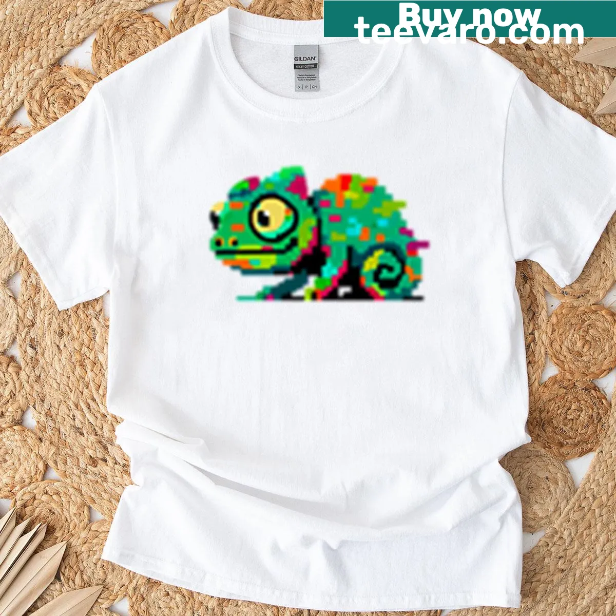 Pixel art chameleon illustration on a colorful t-shirt — on a men's t-shirt