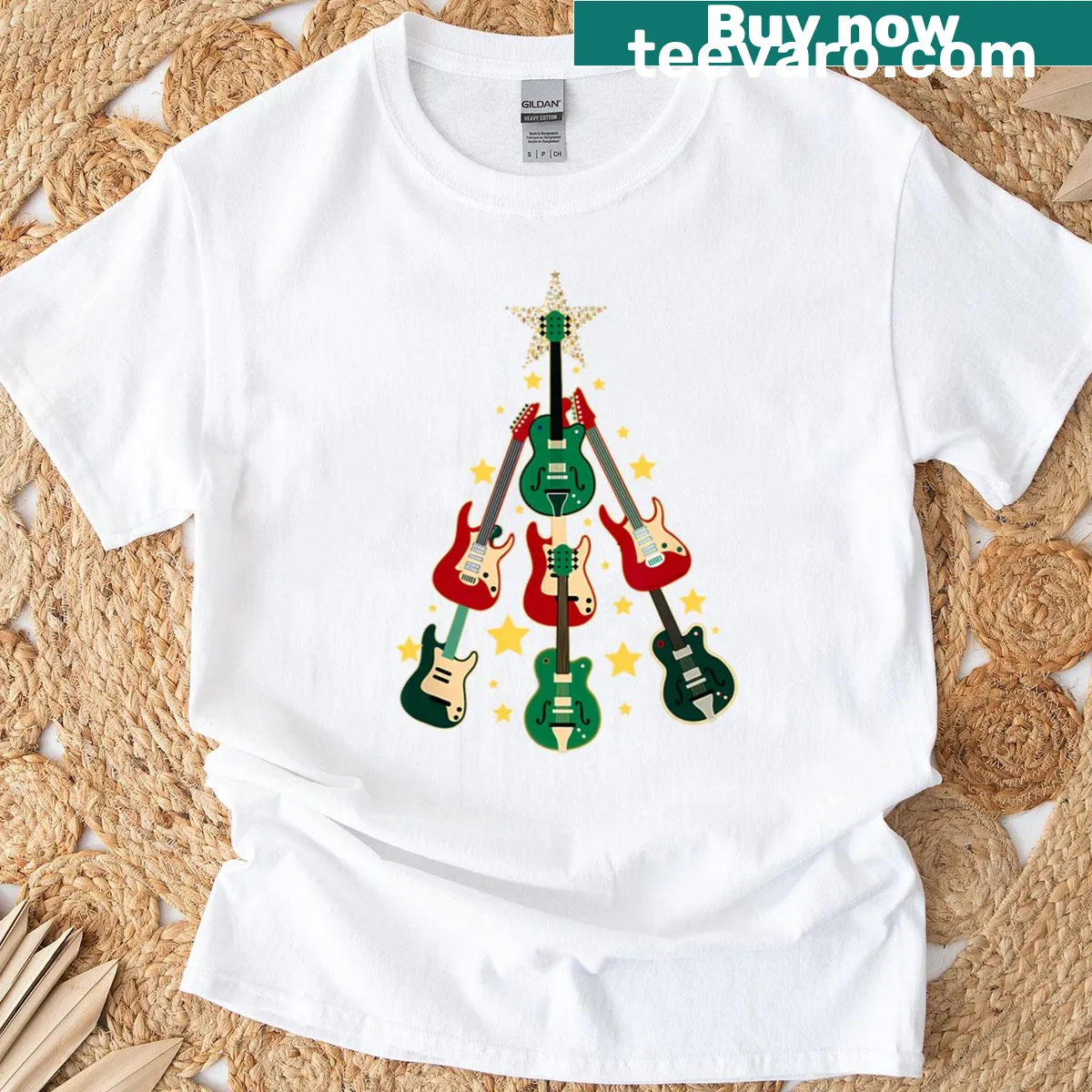 Christmas tree made of guitars graphic T-shirt — on a men's t-shirt