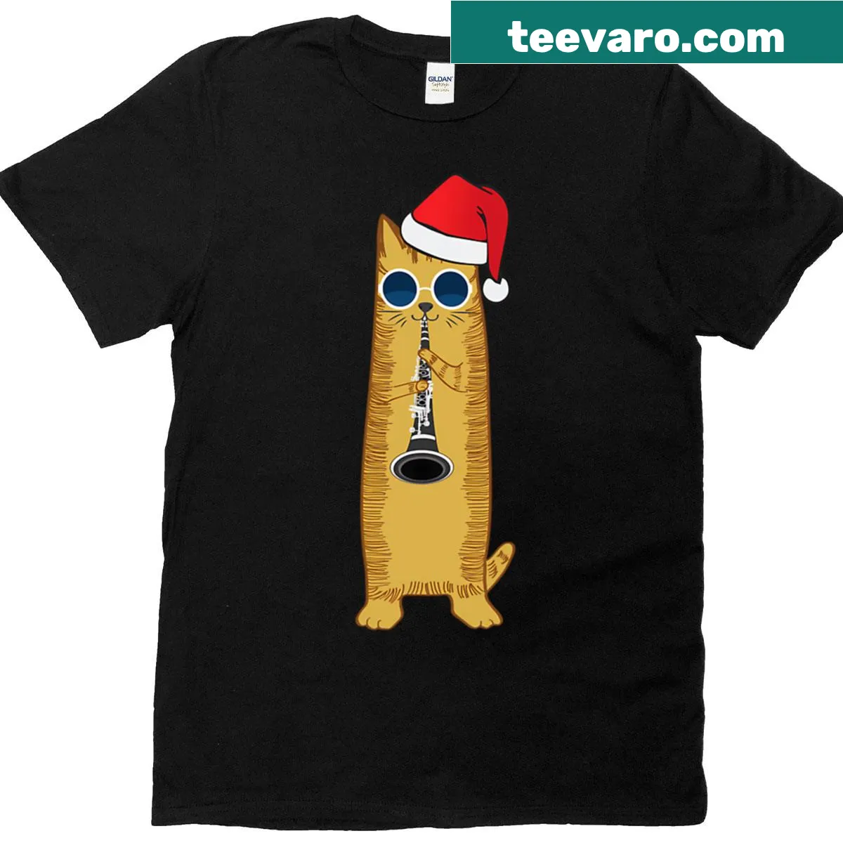 Hipster cat playing clarinet in a playful holiday design — on a men's t-shirt
