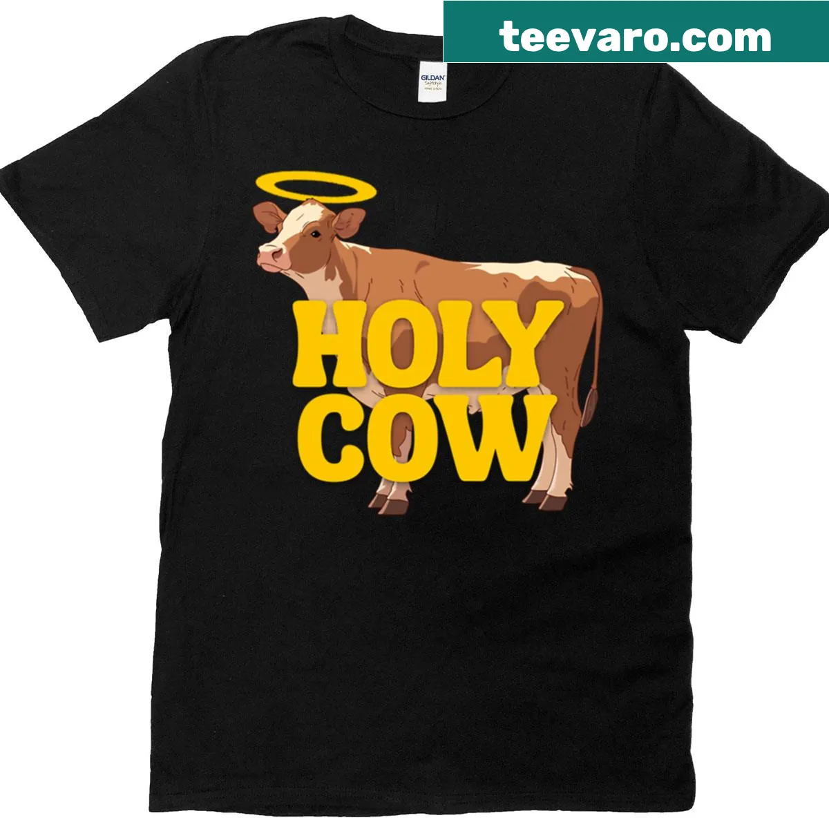 Illustration of cow with halo in a playful design — on a men's t-shirt