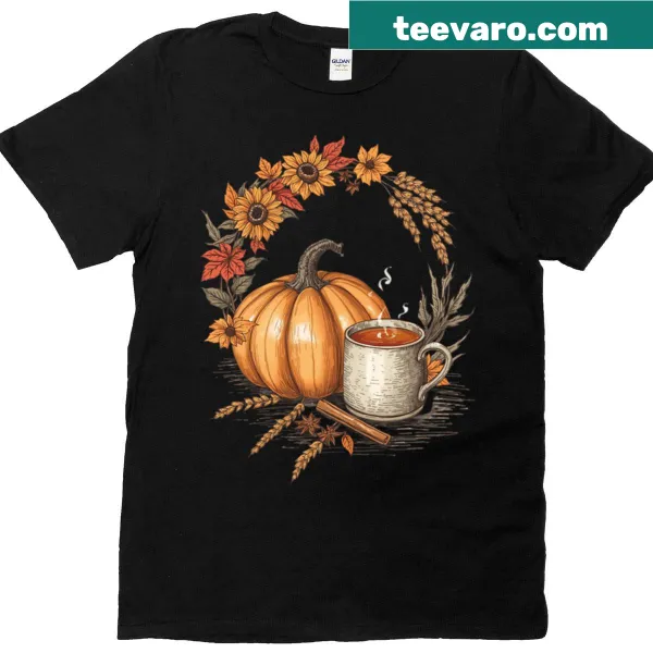 Cozy autumn pumpkin and coffee graphic with rustic sunflowers