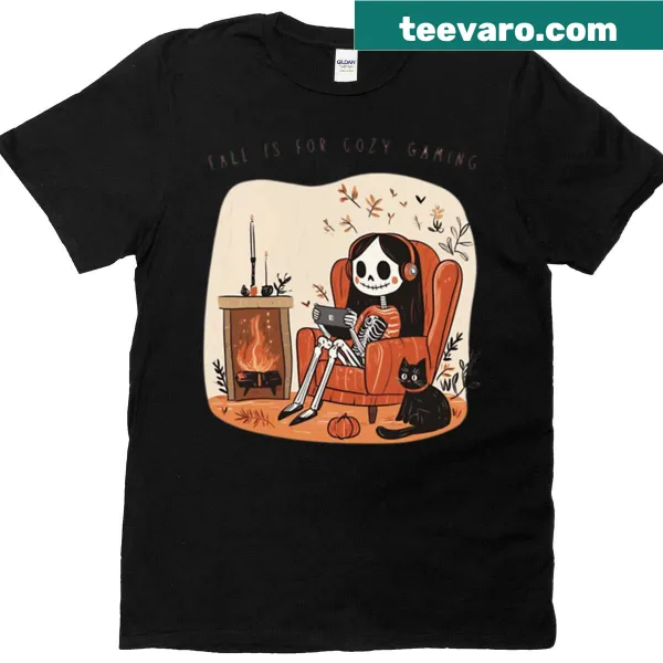 Cozy skeleton gaming illustration for fall t-shirt