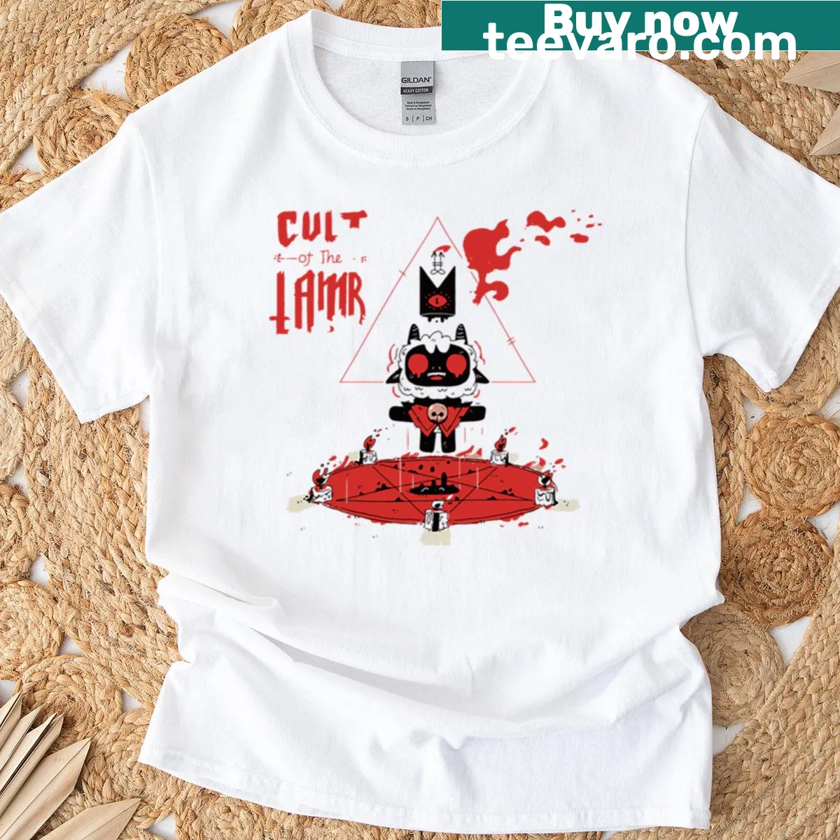 Cartoon design from Cult of the Lamb video game — on a men's t-shirt