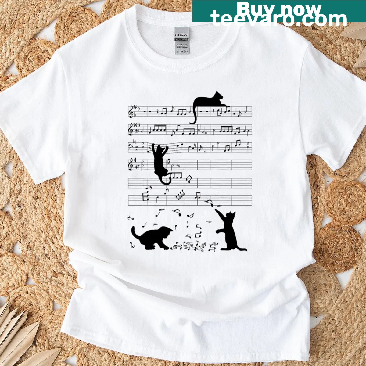Cute cat playing music notes on a whimsical T-shirt design — on a men's t-shirt