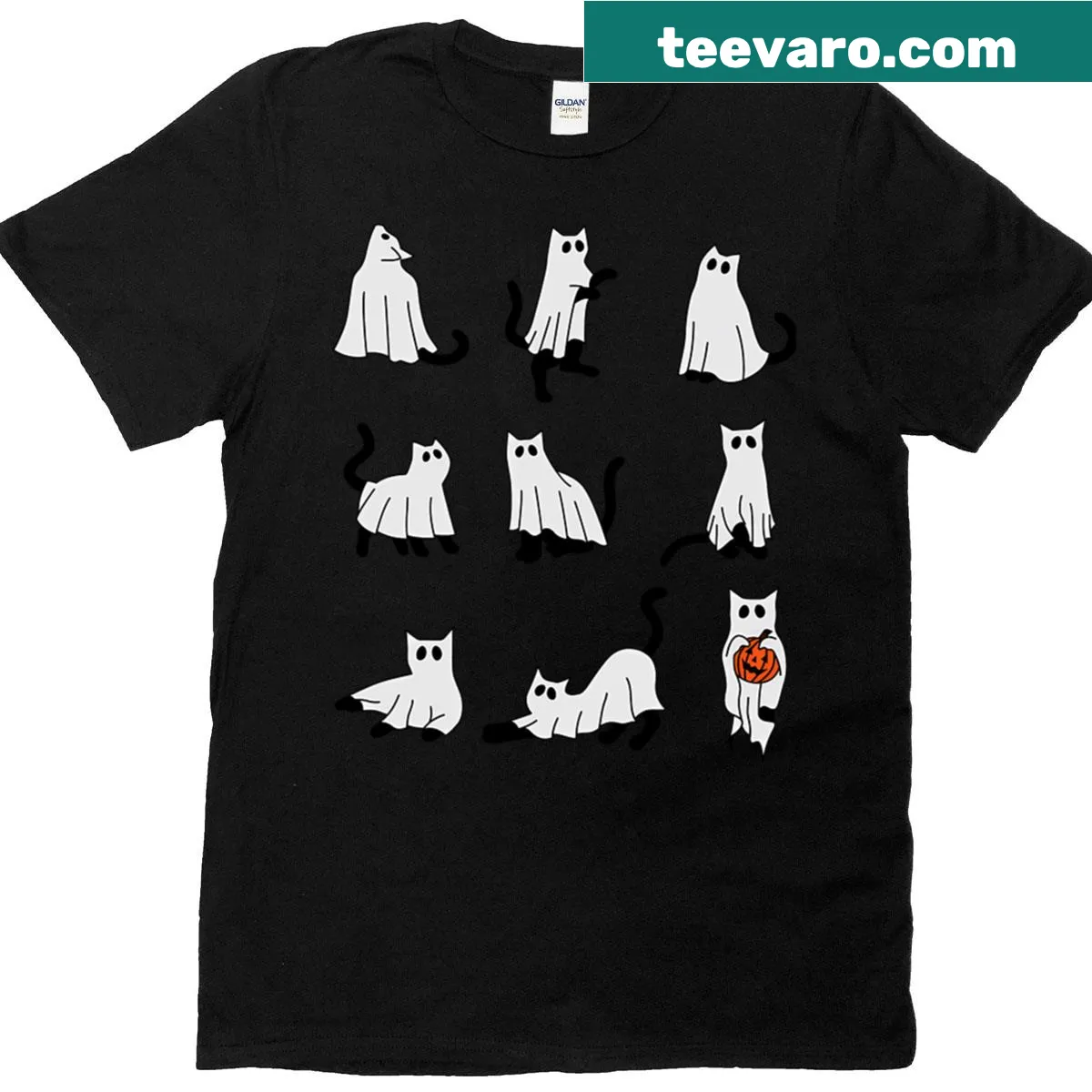 Cute ghost cat Halloween t-shirt with playful design and Halloween motifs — on a men's t-shirt