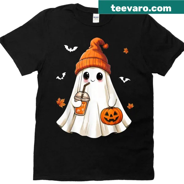 Adorable cartoon ghost drinking iced coffee for Halloween.