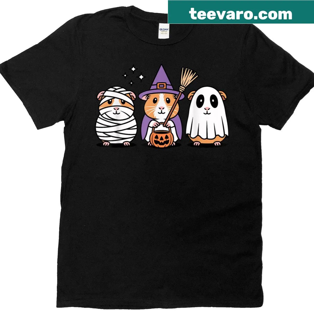 Cute guinea pig in witch costume with mummy and ghost elements — on a men's t-shirt