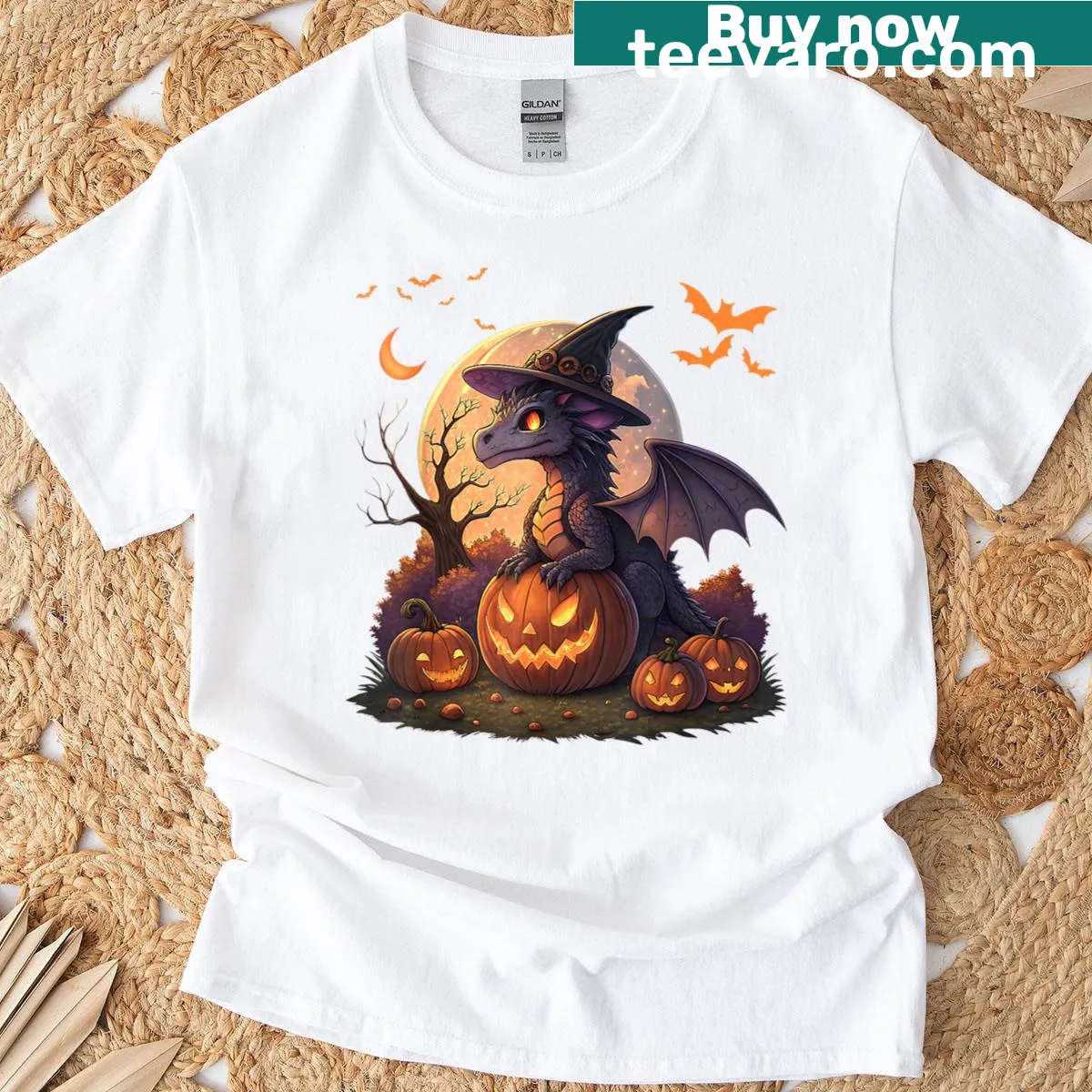 Cute dragon in witch hat Halloween T-shirt — on a men's t-shirt