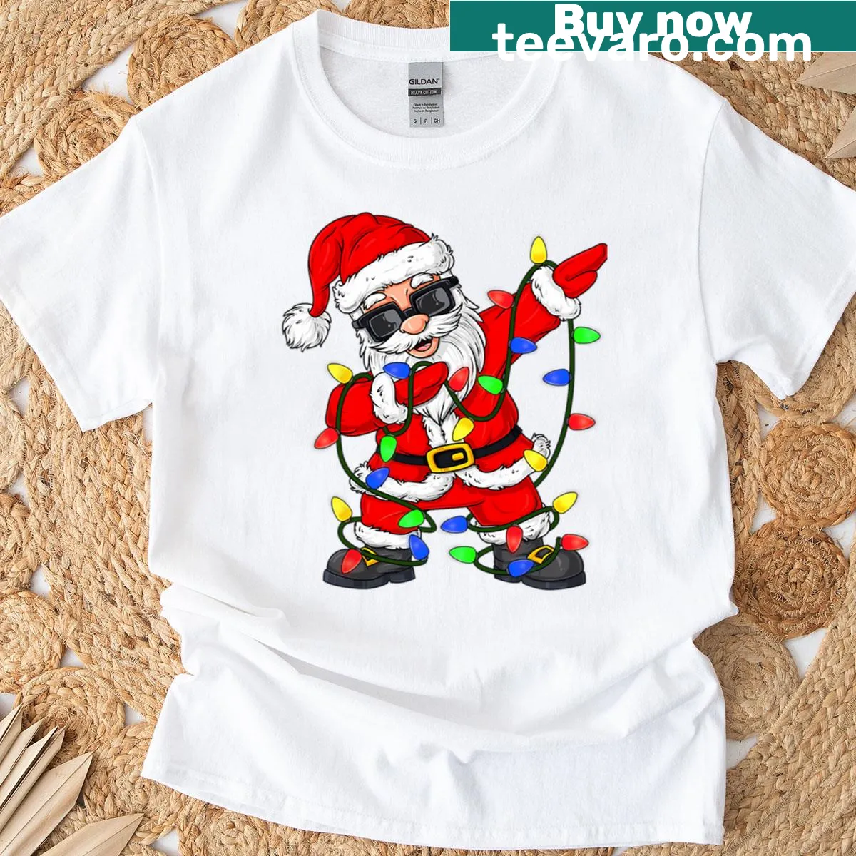 Kids T-shirt featuring dabbing Santa Claus with Christmas lights — on a men's t-shirt