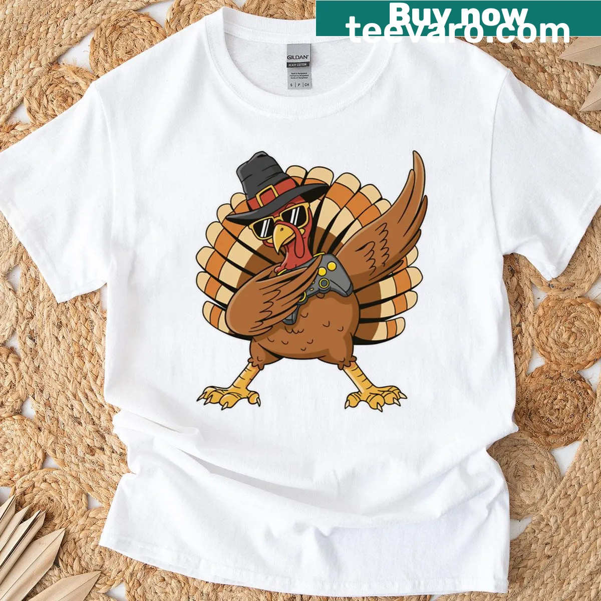 Funny Thanksgiving T-shirt with dabbing turkey and gamepad — on a men's t-shirt