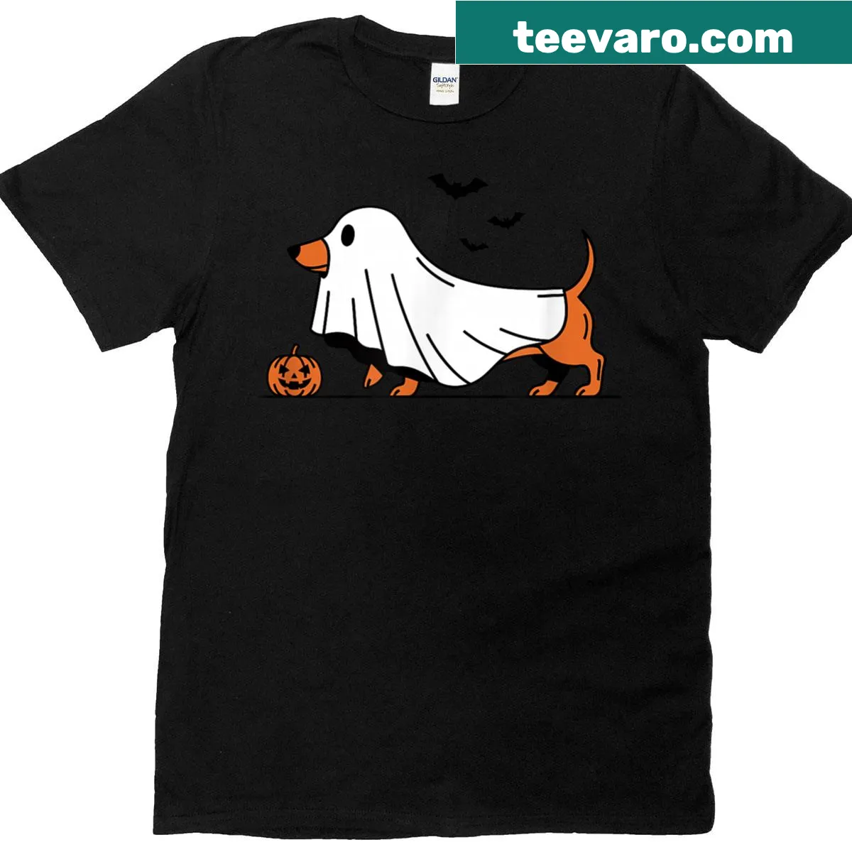 Funny dachshund ghost illustration for Halloween t-shirt — on a men's t-shirt