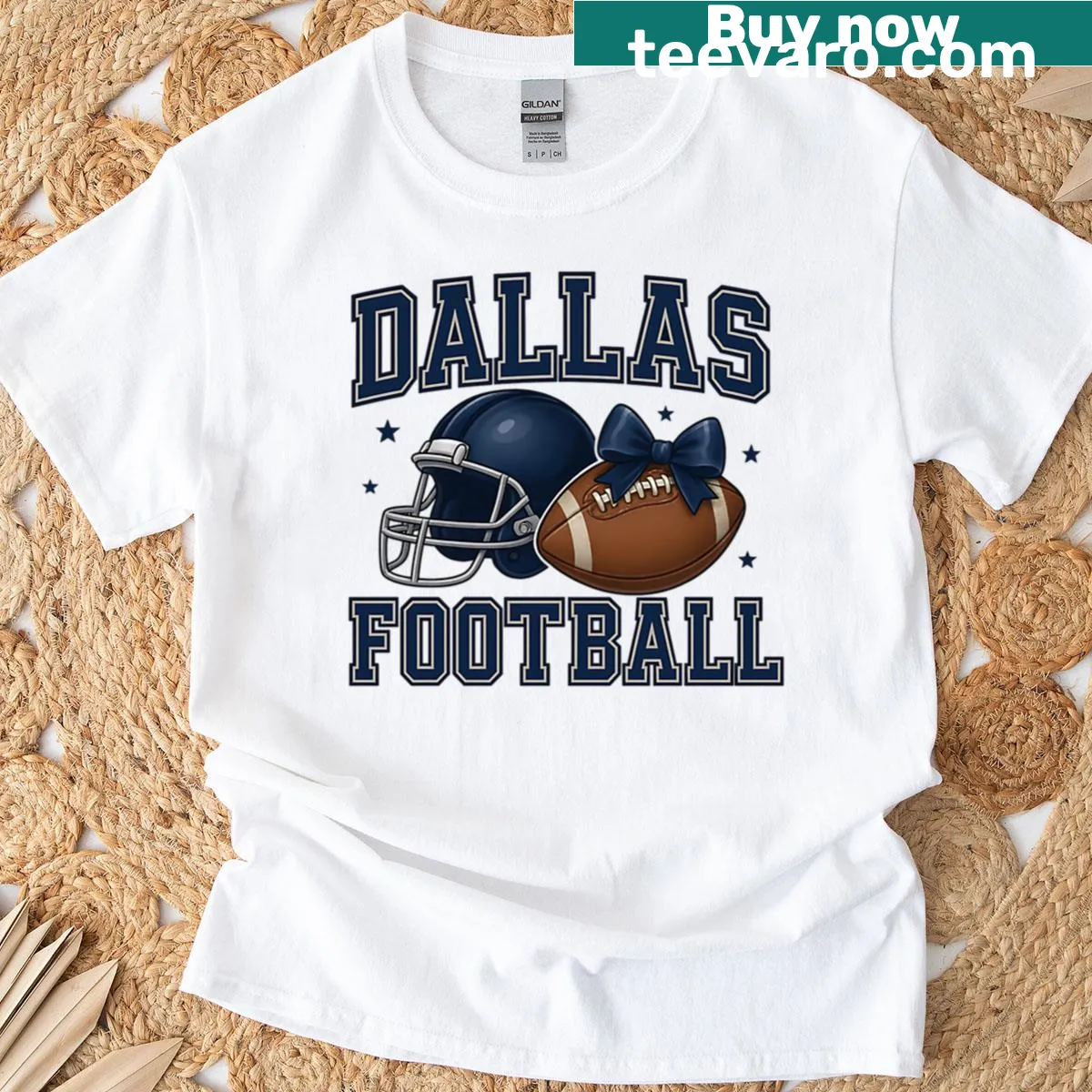 Dallas Football t-shirt featuring a helmet and ball with a bow — on a men's t-shirt