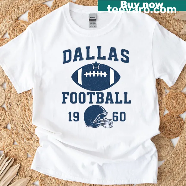 Vintage-style t-shirt featuring a 1960s Dallas football helmet and ball