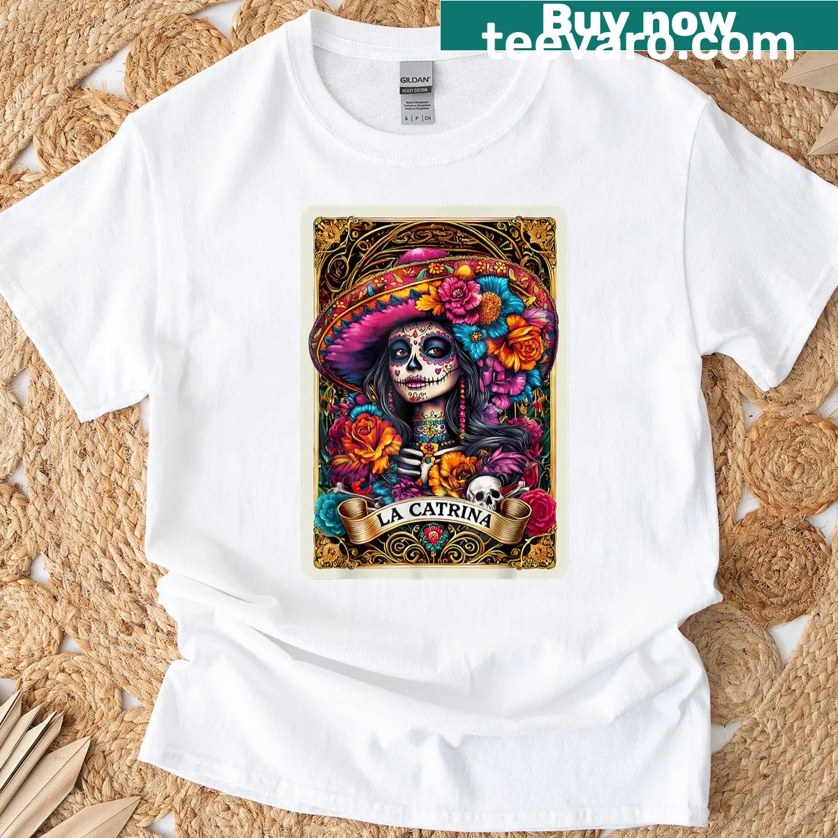 La Catrina sugar skull T-shirt celebrating Día de los Muertos — on a men's t-shirt