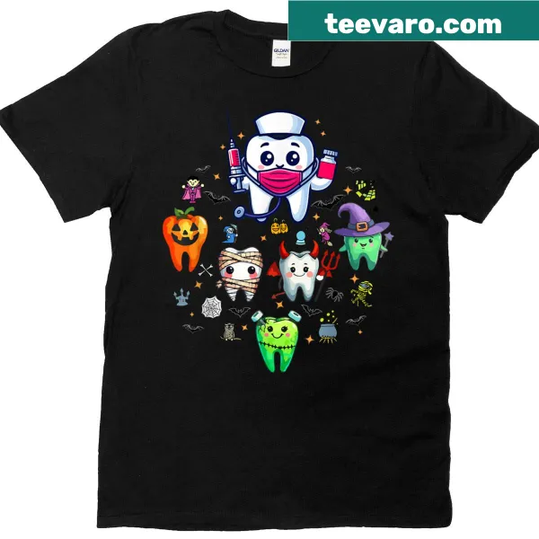Halloween-themed T-shirt with ghostly teeth design for dental professionals