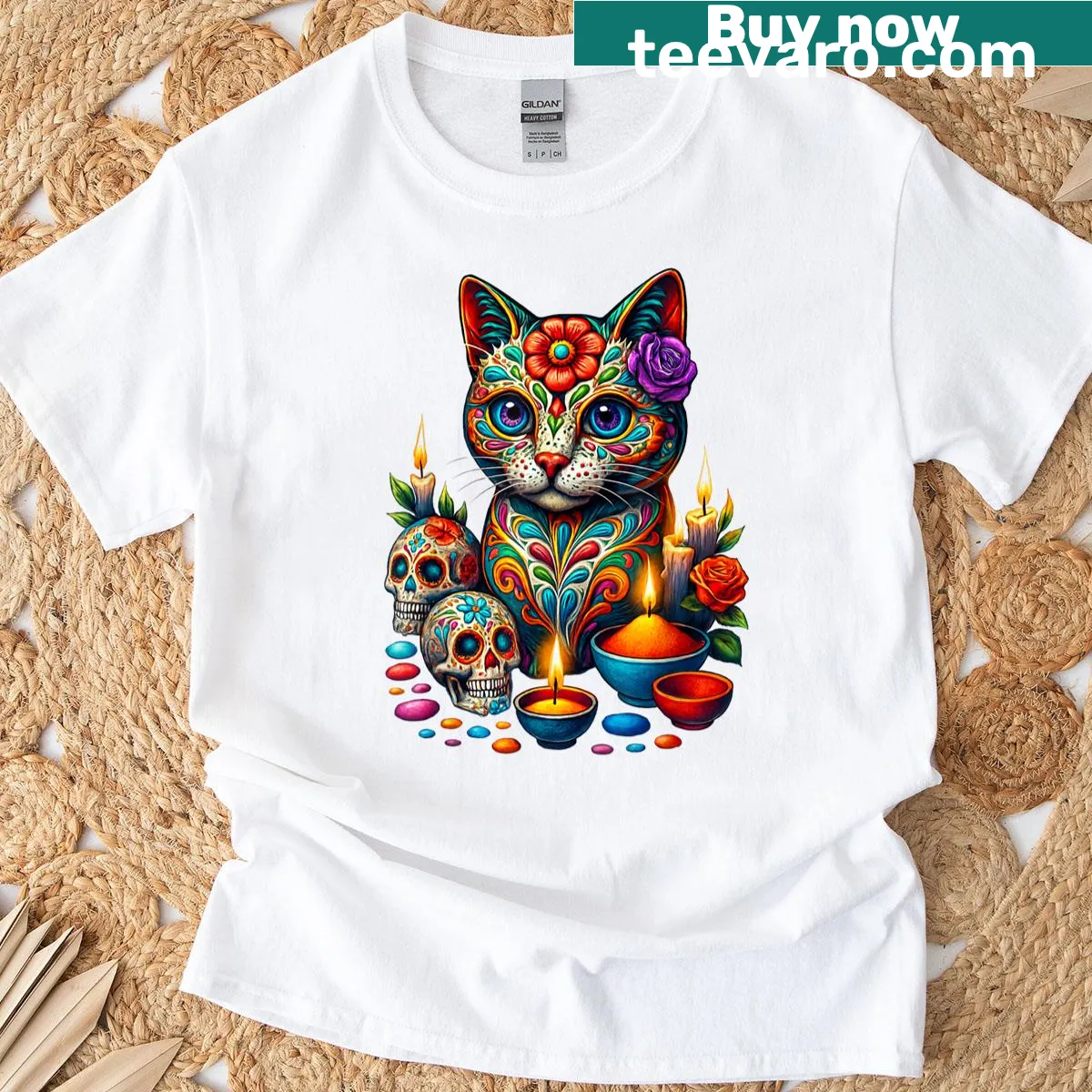 Dia De Los Muertos cat sugar skull T-shirt with festive design — on a men's t-shirt