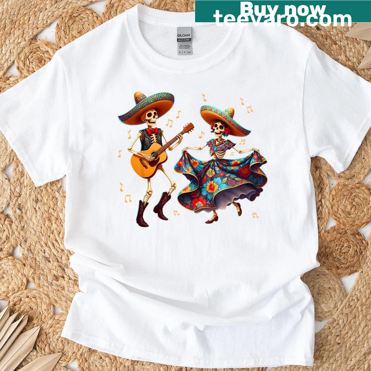 T-shirt featuring dancing skeletons with a guitar for Dia De Los Muertos — on a men's t-shirt