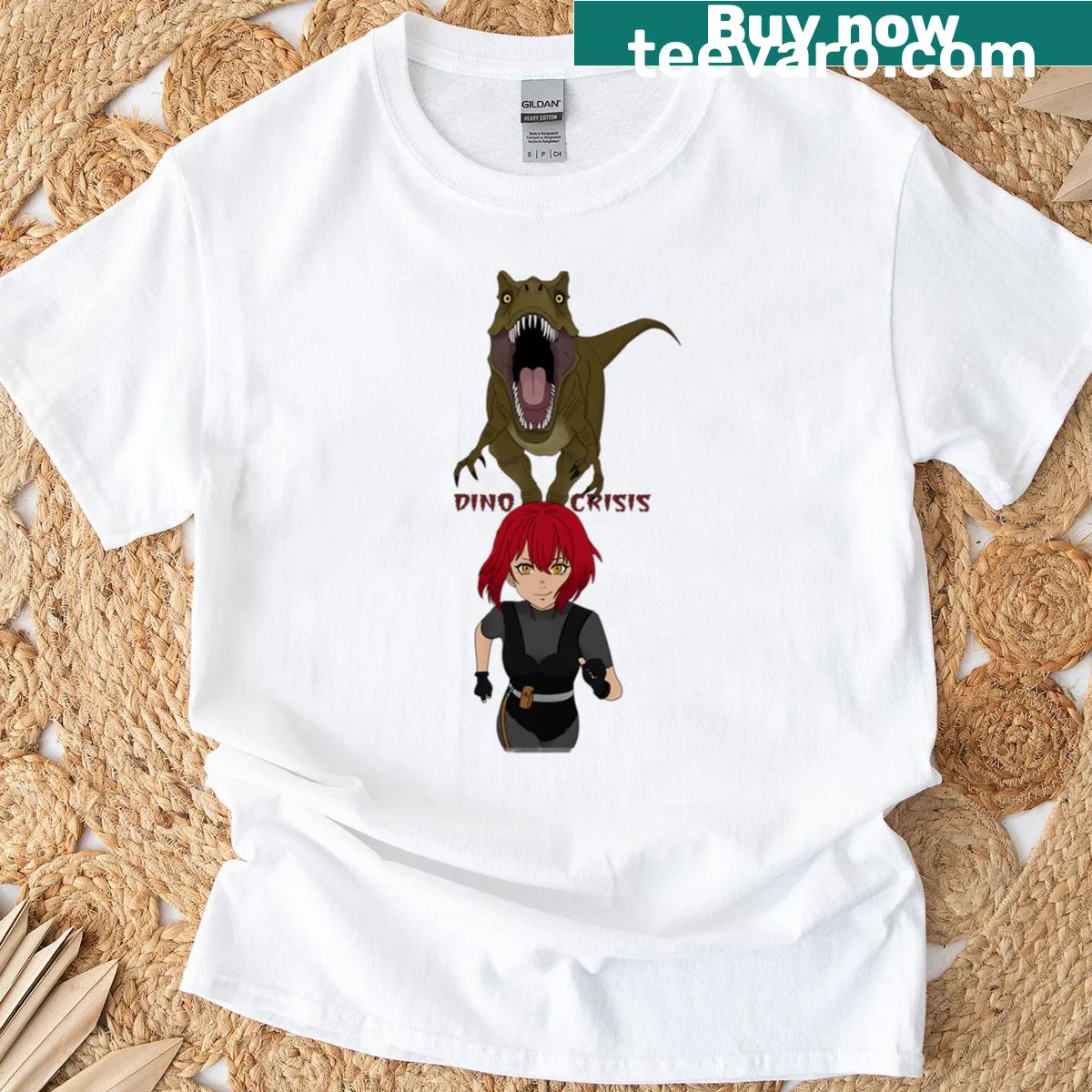 Vintage-style Dino Crisis t-shirt with T-rex illustration — on a men's t-shirt