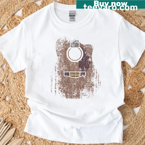 Vintage distressed acoustic guitar graphic T-shirt for music lovers
