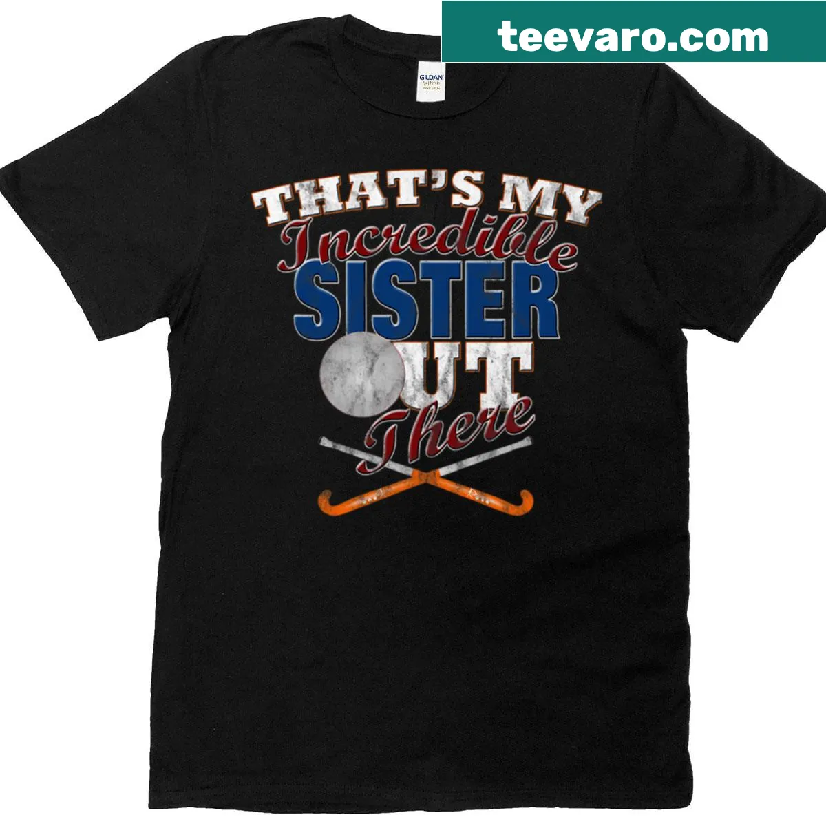 Distressed T-shirt with field hockey graphics for siblings — on a men's t-shirt
