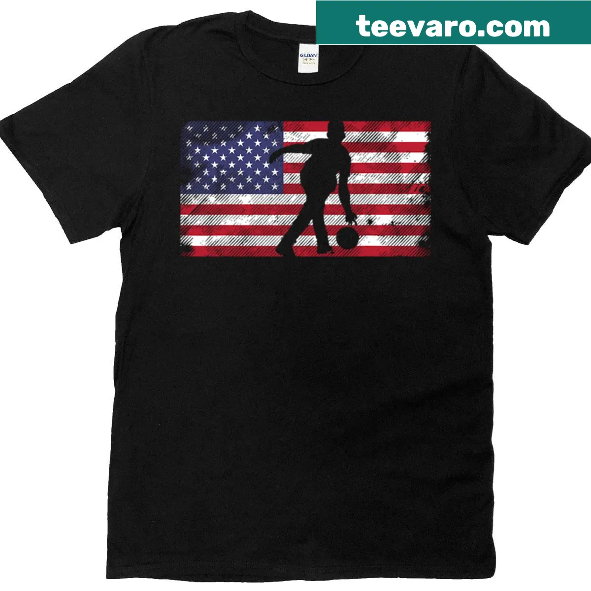 Kids T-shirt with distressed US flag and bowling design — on a men's t-shirt