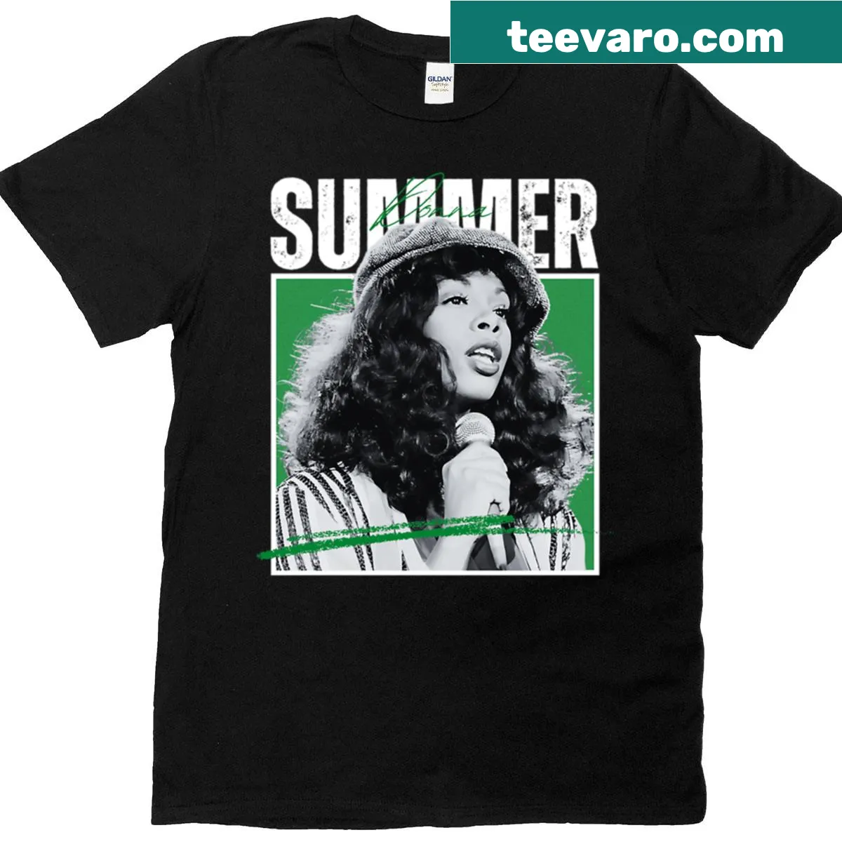 Retro Donna Summer T-shirt featuring microphone portrait — on a men's t-shirt