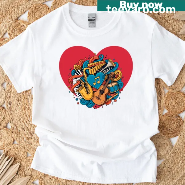 Doodle art T-shirt featuring a heart filled with musical instruments