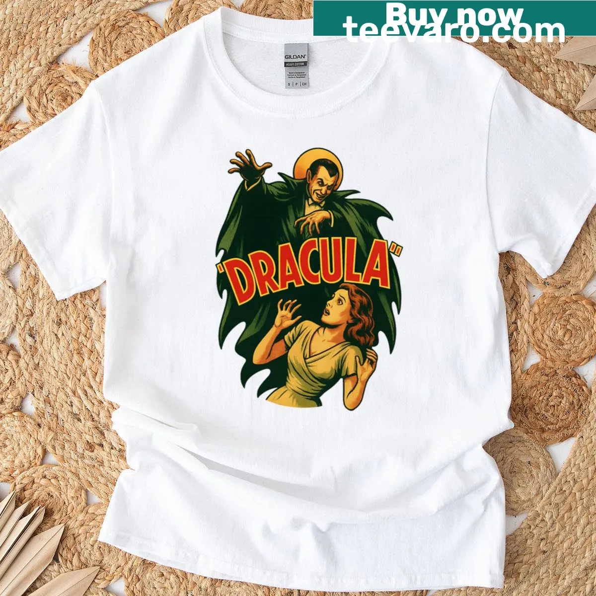 Vintage horror poster graphic T-shirt featuring Dracula — on a men's t-shirt