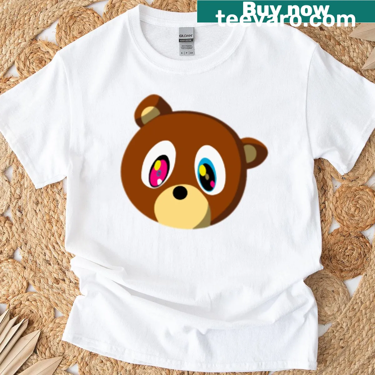 Cartoon bear reminiscent of Kanye West's dropout bear T-shirt — on a men's t-shirt