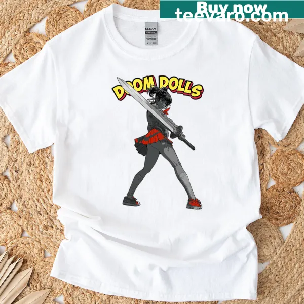 Playful fantasy sword art graphic T-shirt featuring Duk Fat and Doom Dolls