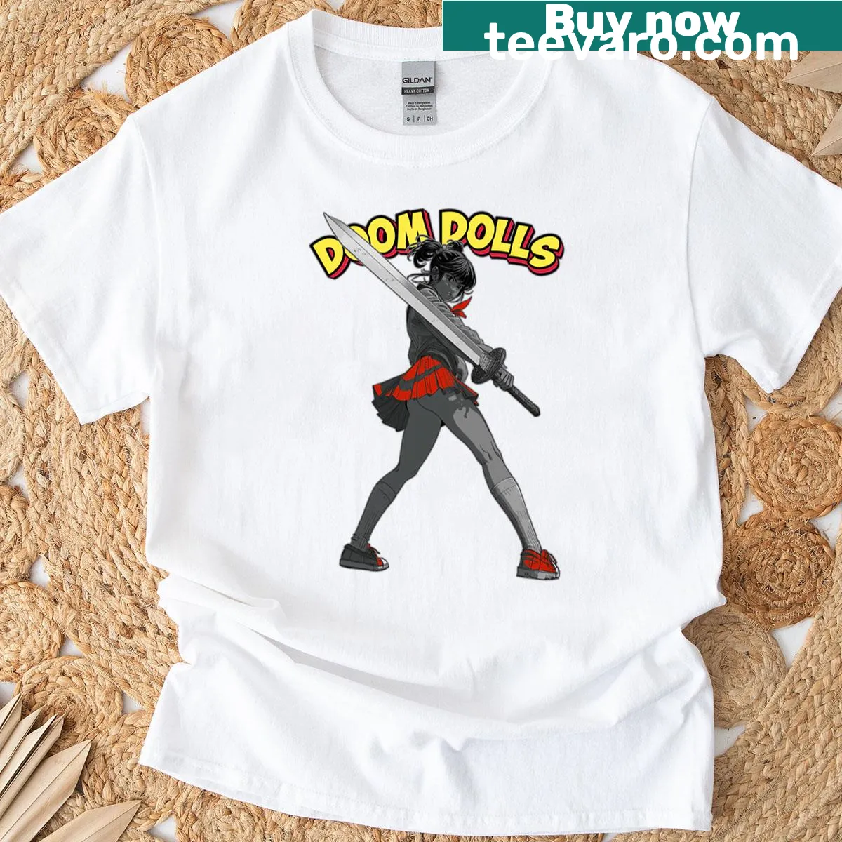 Playful fantasy sword art graphic T-shirt featuring Duk Fat and Doom Dolls — on a men's t-shirt