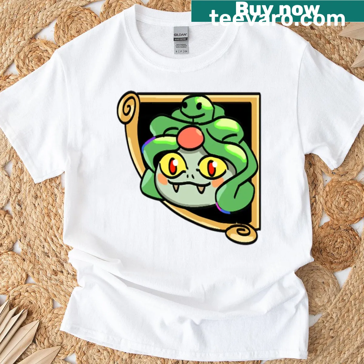 T-shirt featuring mini icon of Dusa Medusa — on a men's t-shirt