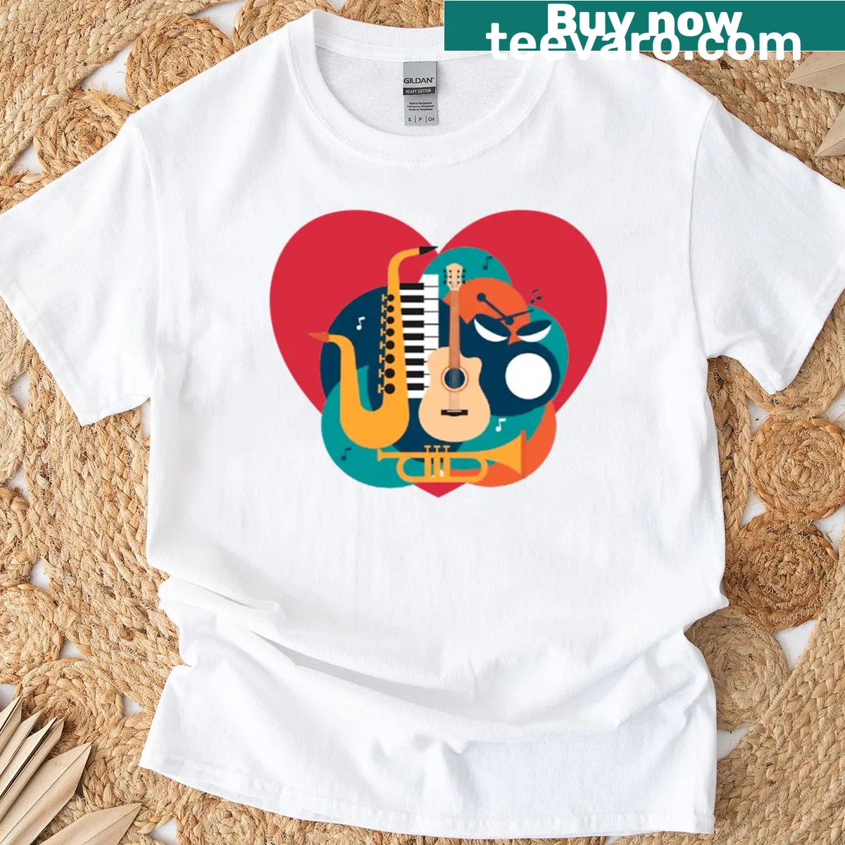 Heart-shaped design of musical instruments on a t-shirt — on a men's t-shirt
