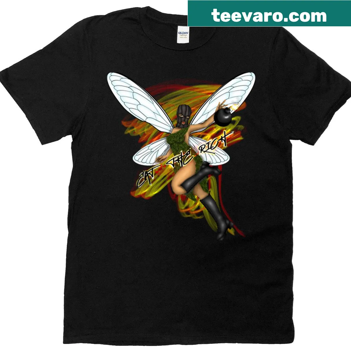 Playful oversized T-shirt with 'Eat The Rich' and a pixie design — on a men's t-shirt