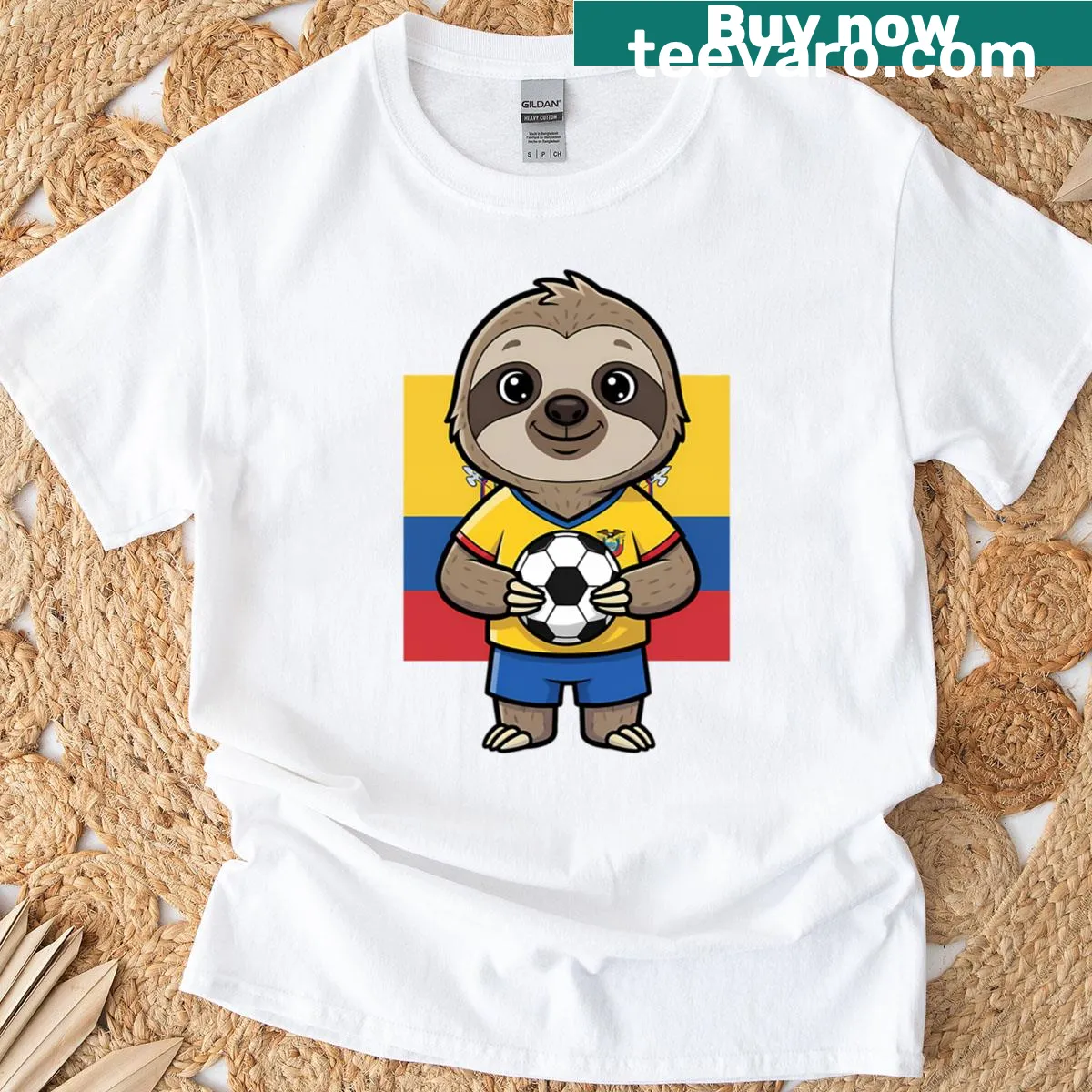 Sloth soccer fan T-shirt with whimsical mascot design — on a men's t-shirt